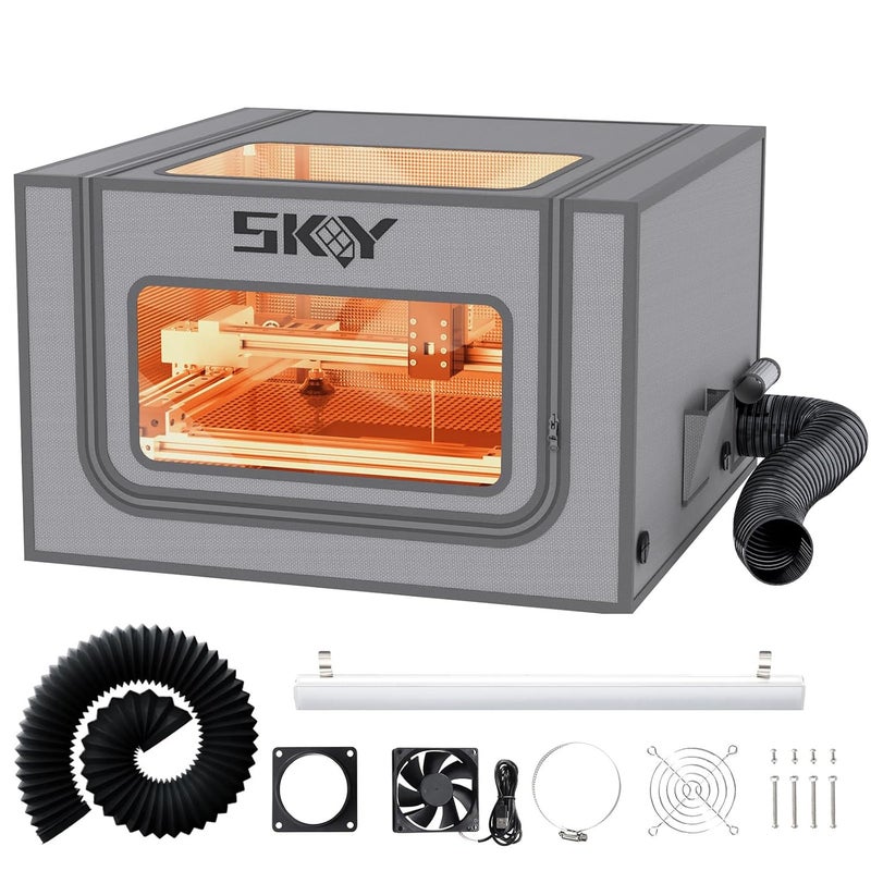Skouphy Laser Engraver Integrated Enclosure with LED Light, Fireproof and Dustproof Protective Cover 28.3 * 28.3 * 15.7, Exhaust Fan 4500RPM and Pipe, Against Smoke Odor and Noise Eye Protection -Grey - Image 1